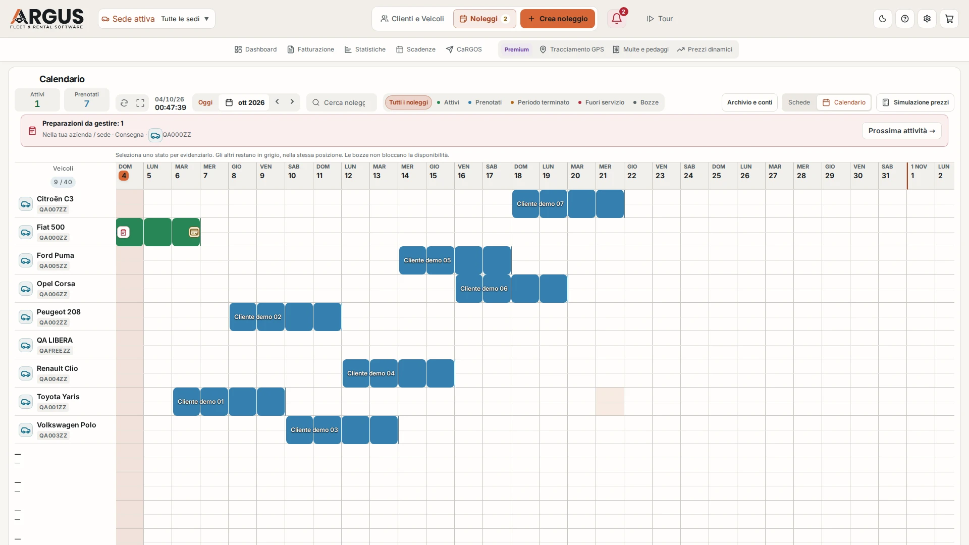 Schermata acquisita dal gestionale ARGUS: Calendario